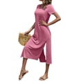 thumbnail image 4 of Summer Casual Women V-Neck Solid Color Side Slit Dress With Pocket, 4 of 5