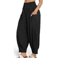 thumbnail image 2 of Vintage Cotton Linen Harem Pants for Women Casual Loose Fit Beach Pants Solid High Waist Pull-on Trousers for Summer, 2 of 5