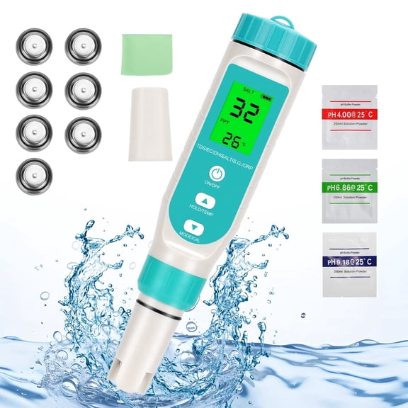 HK 7 in 1 Professional Digital Versatile Water Tester-TDS/EC/PH/Salt/S.G/OPR/Temperature, with Calibration Buffer Powder