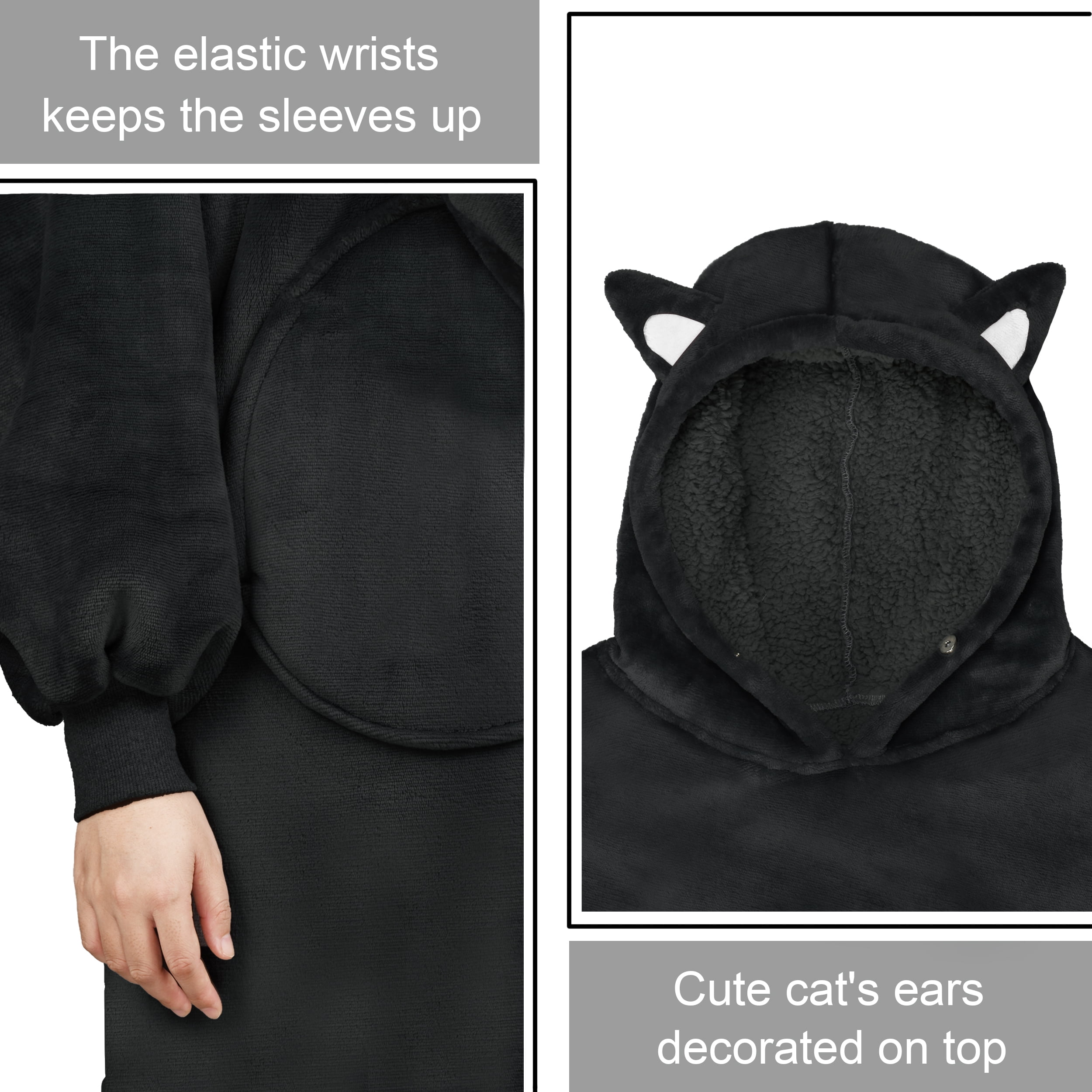 Flyingstar Cat Oversized Sherpa Hoodie Sweatshirt for Women, Pockets, Hooded, Black Cat