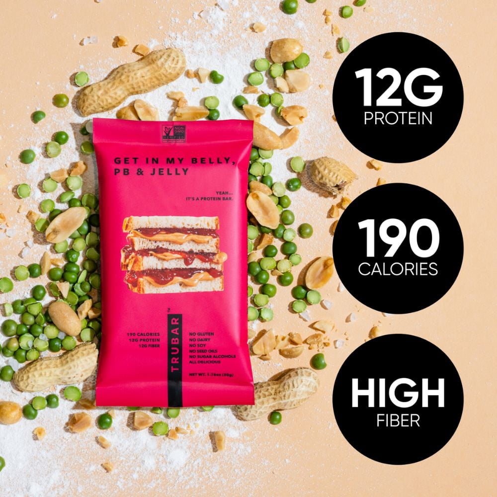 Trubar Plant Based Protein Bar, Get In My Belly, PB & Jelly, 12 Bars, 1.76 oz (50 g) Each