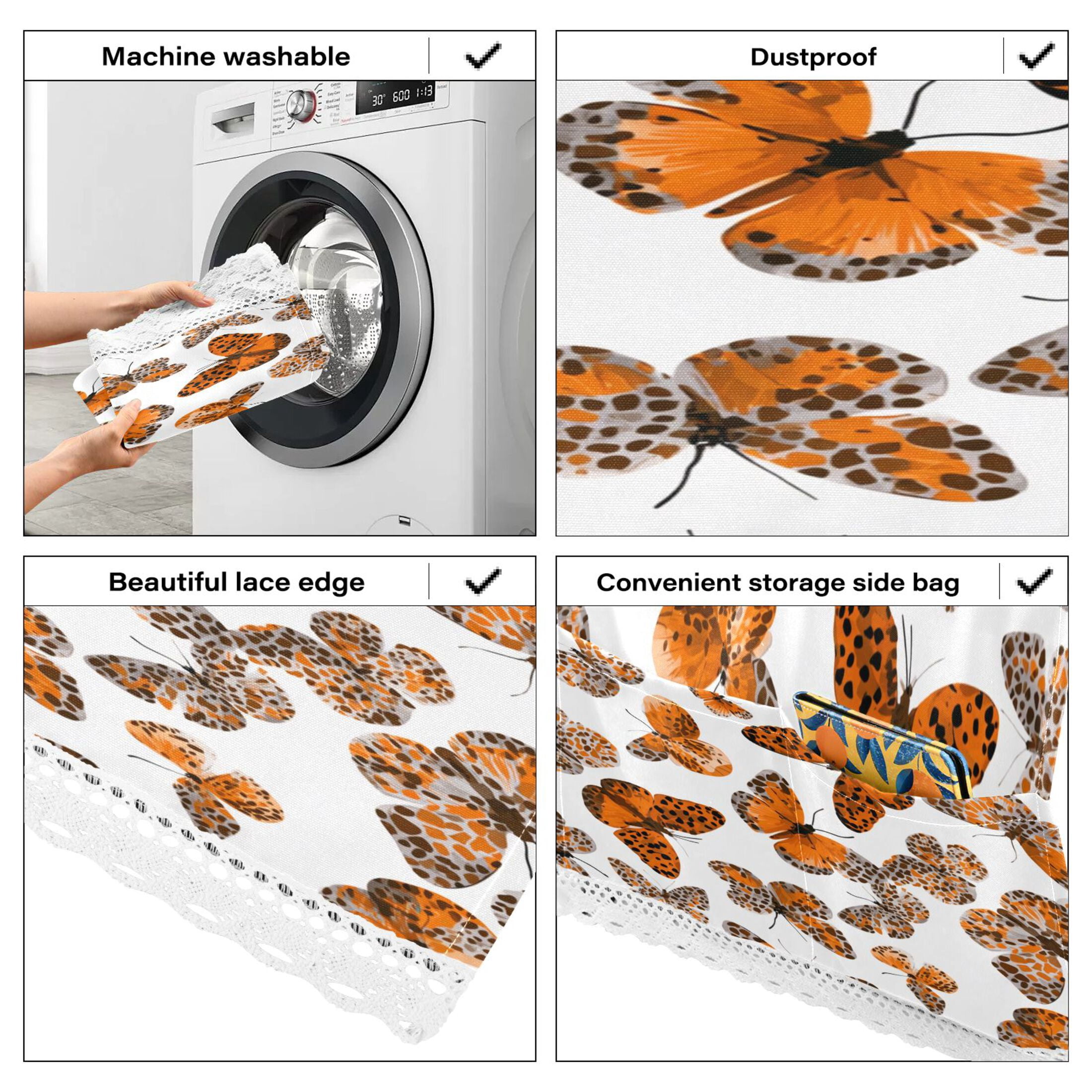 Washing Machine Cover 51.2x22in, Durable Polyester Dust Cover with Lace Trim and Side Pocket for Appliances Spotted Butterfly