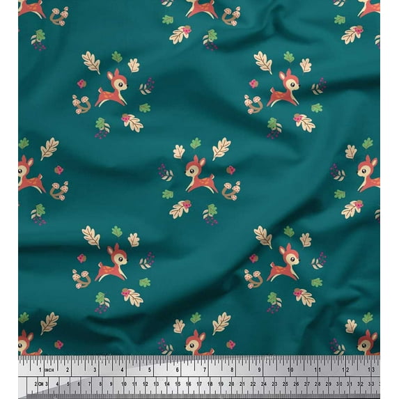 Soimoi Cotton Poplin Fabric Leaves,Mushroom & Deer Kids Printed Craft Fabric by The Yard 56 Inch Wide