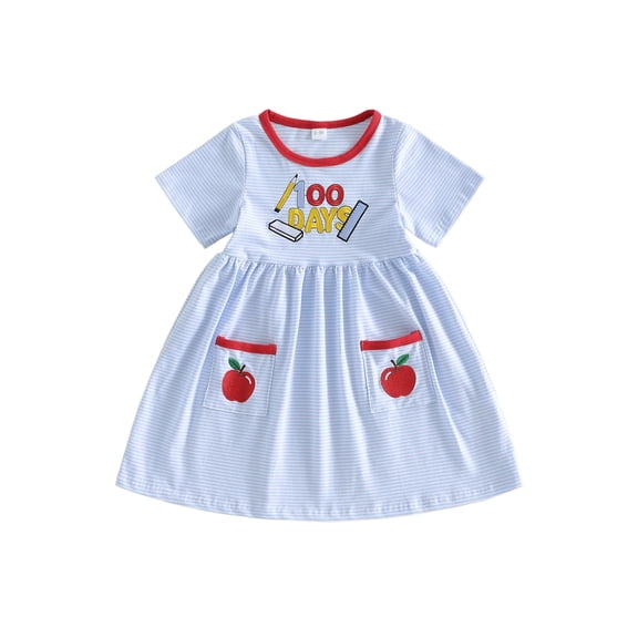 BemeyourBBs Kids Toddler Baby Girl 100 Dyas Back To School Dress Outfit Letter Apple Embroidery Stripe Short Sleeve Dress Toddler Summer Fall Casual Dress
