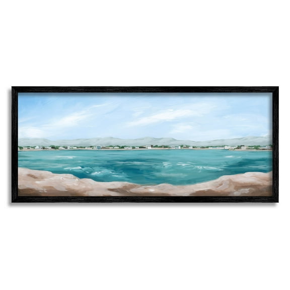 Stupell Industries Panoramic Rocky Ocean View Distant Town Painting Black Framed Art Print Wall Art, Design by Grace Popp
