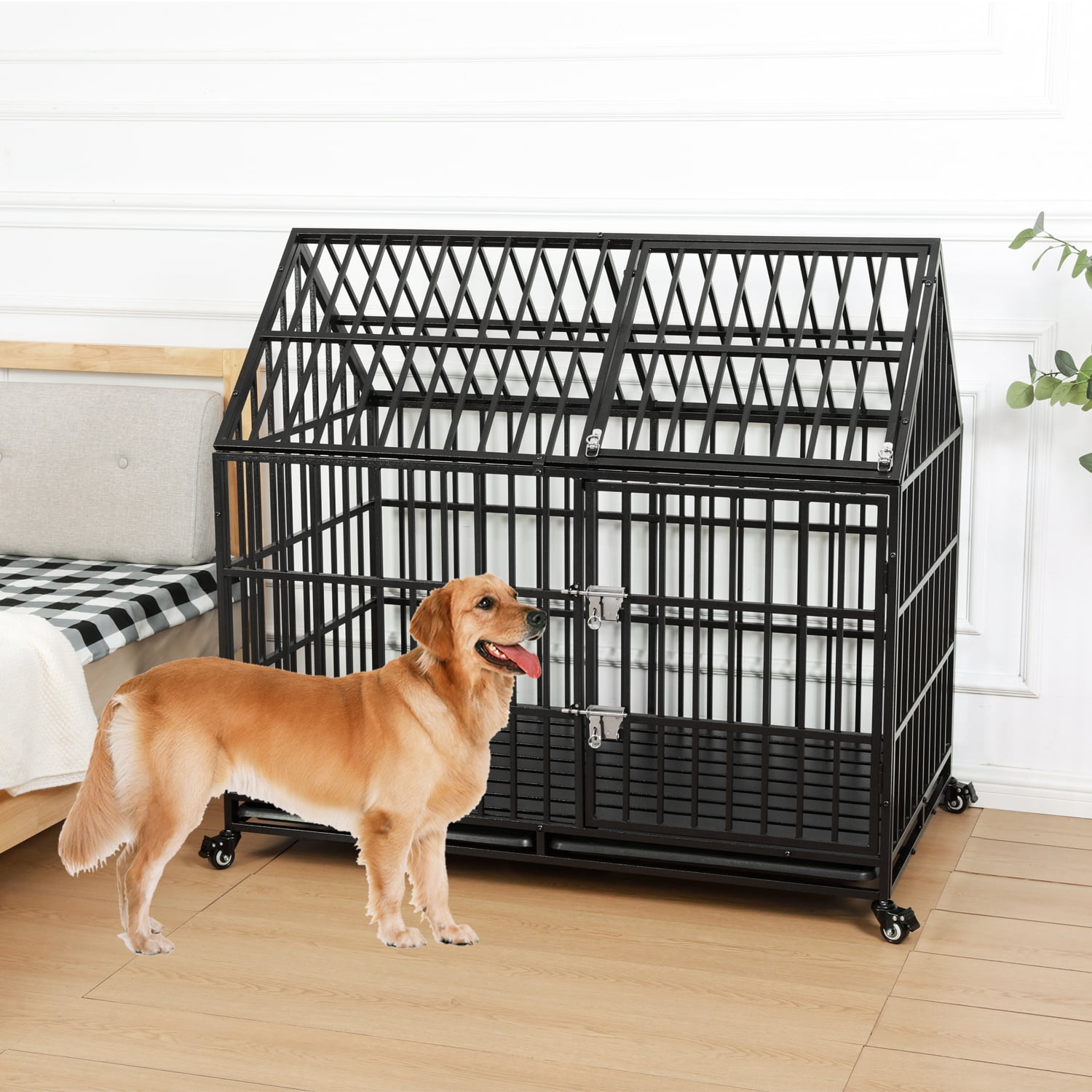 Ufyerutg 50'' Indestructible Heavy Duty Dog Crate, Escape Proof Strong Steel Impact Pet Cage for Large Giant Dogs, High Anxiety Sound Proof Chewproof Kennel Double Door with Trays and Wheels
