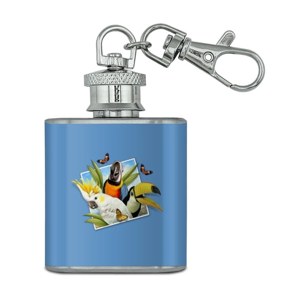 Tropical Birds Selfie Parrot Toucan Stainless Steel 1oz Mini Flask Key Chain