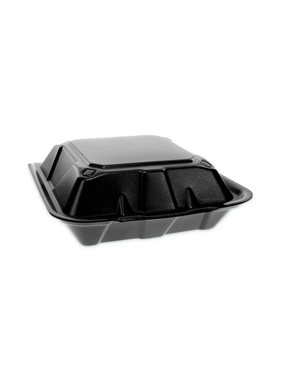 Pactiv Evergreen Vented Foam Hinged Lid Container, Dual Tab Lock, 9 x 9 x 3.25, Black, 150/Carton