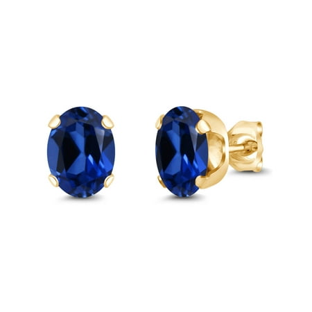 3.34 Ct 8x6mm Blue Simulated Sapphire 925 Yellow Gold Plated Silver Stud Earrings
