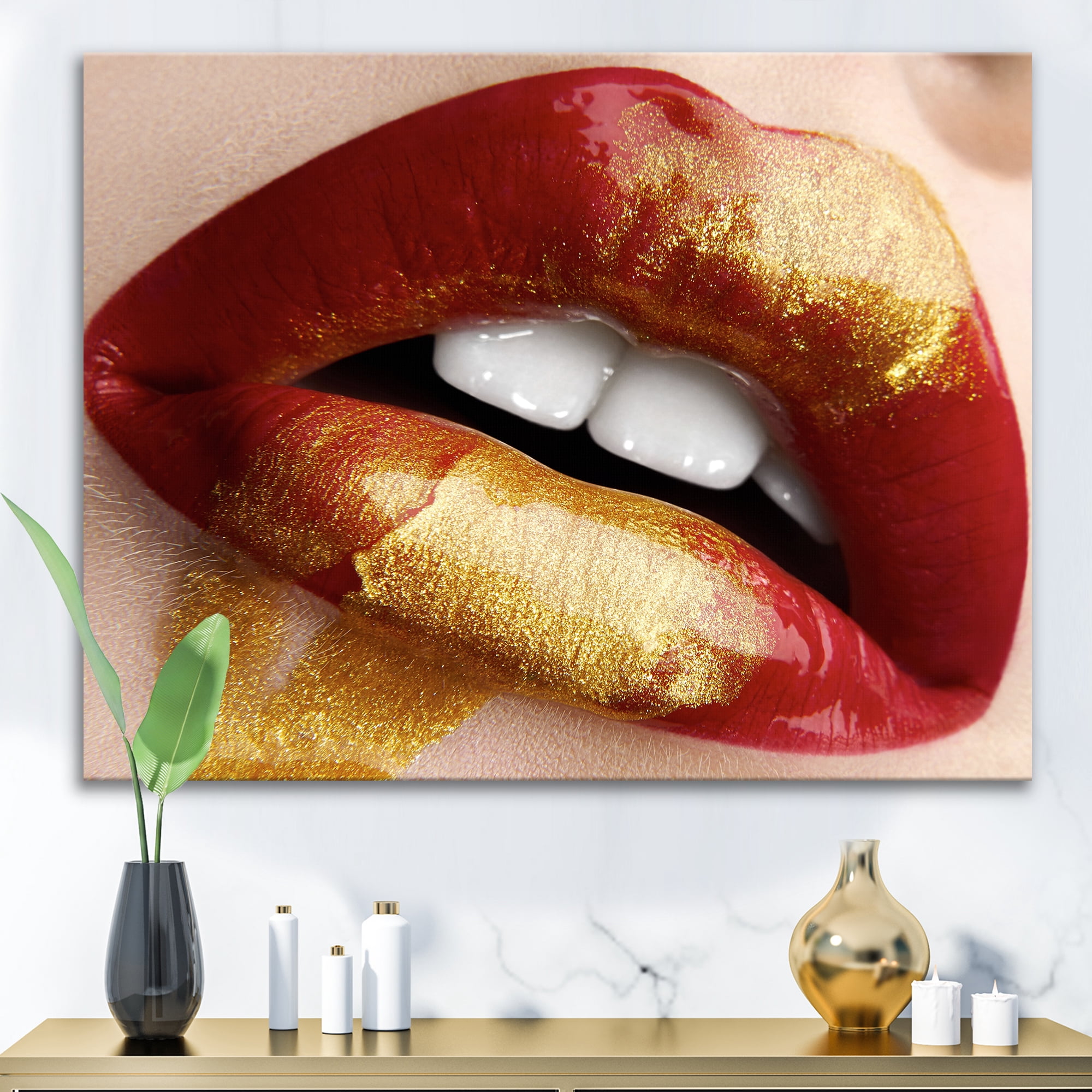 Designart ' Plump Woman Lips With Gold and Red ' Modern Canvas Wall Art Print