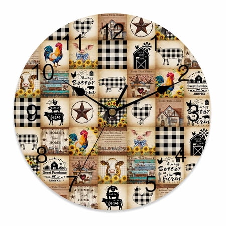 Wall Clock 10 Inch Vintage Rustic Farmhouse Plaid Round Silent Decorative Wall Clocks Battery Operated for Living Room Bedroom Kitchen Classroom Decor, Farm Animals Barn Stars,Small