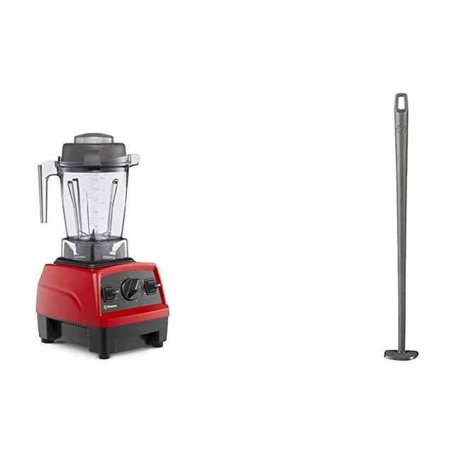 licuadora vitamix e310 explorian professional 1.4 l roja con raspador Licuadora frontal con base roja y contenedor transparente de 48 oz, perilla de velocidad variable y botón de pulso visibles; a la derecha, raspador de nylon gris largo diseñado para alcanzar debajo de la cuchilla; adecuada para mezclar purés, sopas y salsas espesas en lotes medianos.