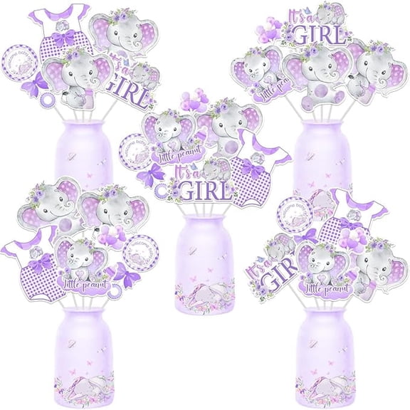24 Pieces Elephant Baby Shower Party Centerpieces Sticks, Purple Elephant Little Peanut Table Toppers party Decorations Supplies for Girls
