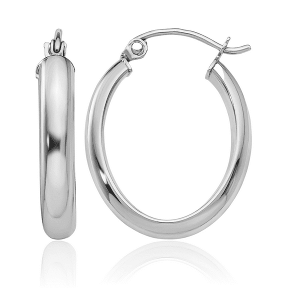 10K Solid White Gold 3.5mm Oval Medium Hoop Earrings