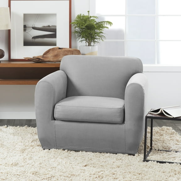 SureFit Ultimate Stretch Leather 2 Piece Chair Slipcover, Box Cushion Cover, Light Pebbled Gray