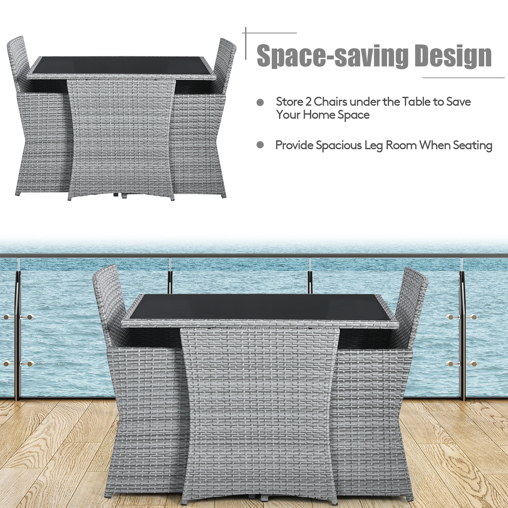 Costway 3PCS Patio Rattan Furniture Set Cushioned Sofa Armrest  Garden Gray