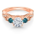 thumbnail image 2 of Gem Stone King 18K Rose Gold Plated Silver White Moissanite and London Blue Topaz Engagement Ring for Women (1.33 Cttw, Gemstone, Round 6MM and 3MM, Size 9), 2 of 4