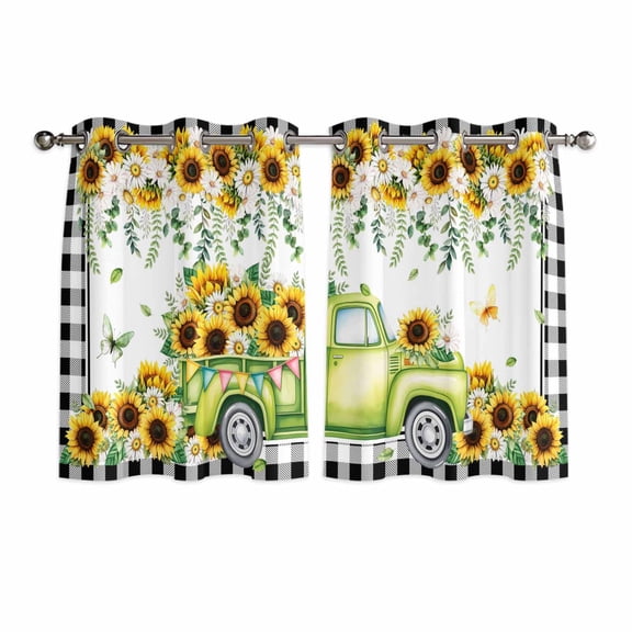 Sunflowers Kitchen Curtains Window Panels, Spring Farmhouse Country Truck Floral Black Plaid Insulated Window Treatment Curtain, Grommet Curtains for Bedroom/Living Room/Bathroom, 2 Piece 42"Wx45"L