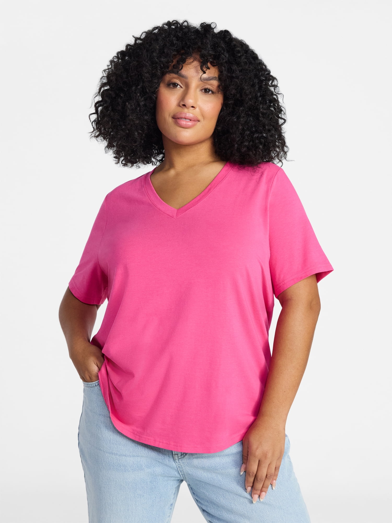 Terra & Sky Women's Plus Size V Neck Tee with Short Sleeves, Size 0X-5X, 2 pack