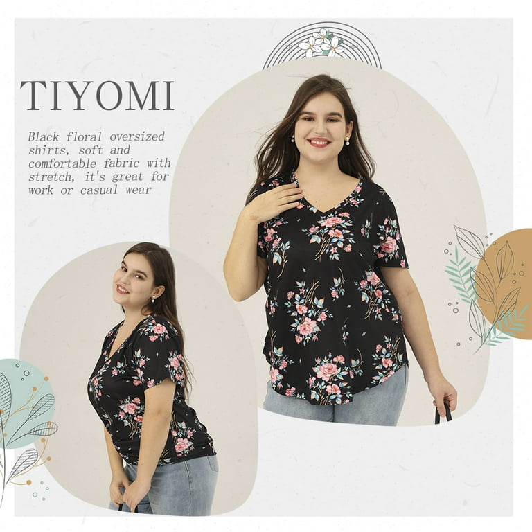 TIYOMI Plus Size Tops For Women Floral Short Sleeve T-Shirts Basic V-Neck  Black Summer Tees Tunics Casual Loose Fit Blouses XL 16W 18W
