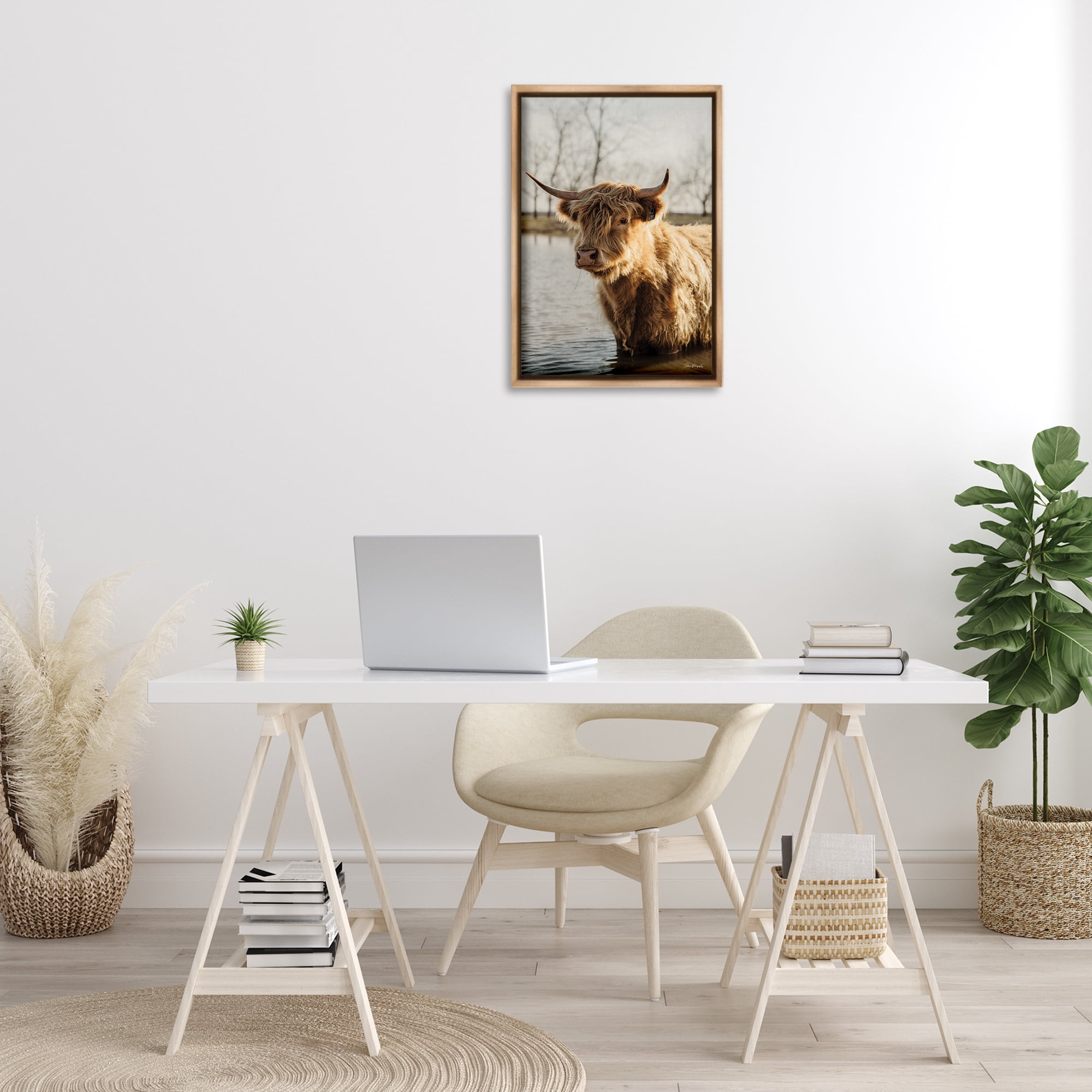 Stupell Industries Peering Cattle in Water Animals & Insects Photography Brown Floater Framed Canvas Art Print Wall Art, 17 x 25