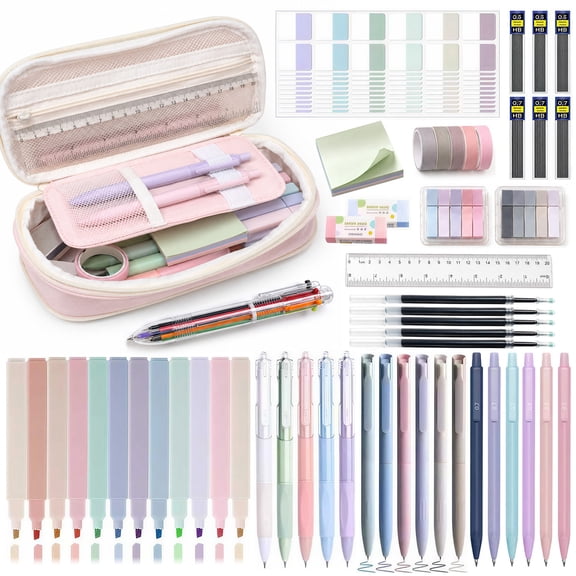 Biiend Stationery Set with Sticky Notes, Mechanical Pencils, Highlighters, Gel Pens, Page Markers, Decorative Tape and Pencil Case, Creative Writing Supplies Kit for Office, Study and Journaling