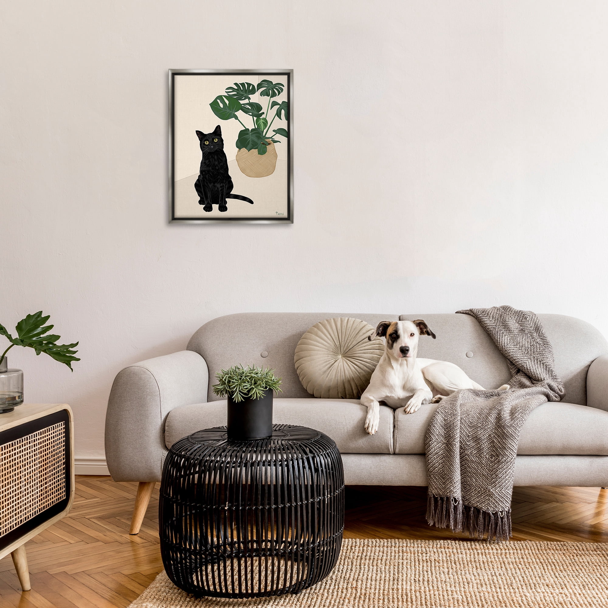 Stupell Industries Black Cat & Monstera Plant Animals & Insects Painting Gray Floater Framed Canvas Art Print Wall Art, 25 x 31