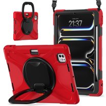 For iPad Pro 11 inch M5 2025/M4 2024 Case, 360 Rotatable Handle Stand, Shoulder Strap, Drop-Proof Design, Red