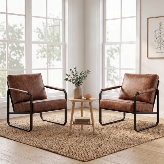 Prilinex Mid-Century Accent Chairs Set of 2, Metal Framed Armchair with Wide Cushion & Padded Backrest, PU Leather Living Room Chair for Bedroom Waiting Room, Brown