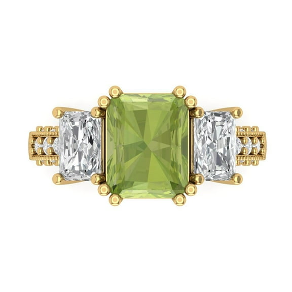 Three-Stone Engagement Ring for Women - 4.27ct Natural Peridot in 14K Yellow Gold Promise Ring