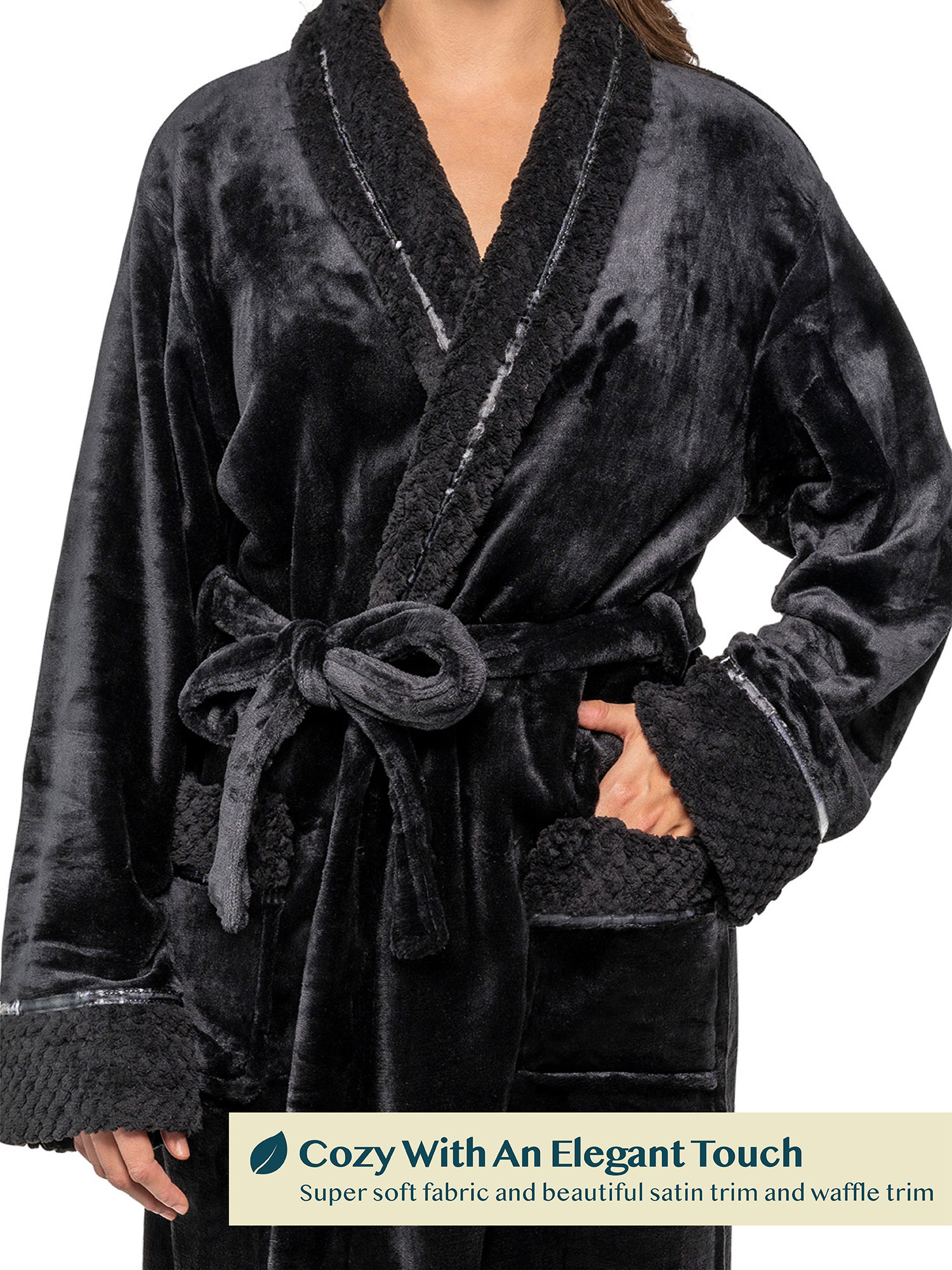 PAVILIA Soft Plush Women Fleece Robe, Black Cozy Bathrobe, Female Long Spa Robe, Warm Housecoat, Satin Waffle Trim, S/M - image 3 of 8