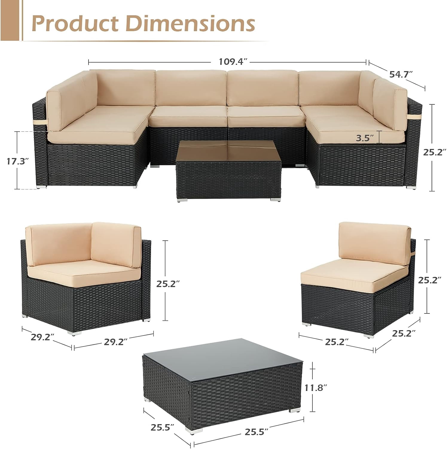 YODOLLA 7-Piece Patio Furniture Set on Sale, Black Rattan Wicker Outdoor Sectional Sofa Couch with Table Patio Conversation Set for Lawn& Backyard In Beige