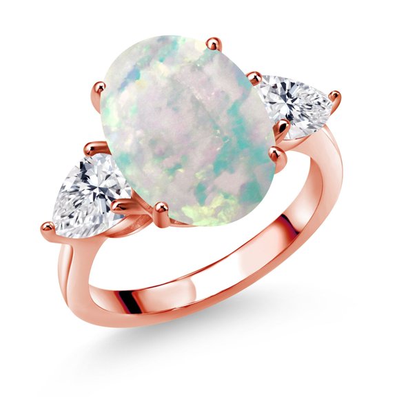 Gem Stone King 18K Rose Gold Plated Silver White Opal and Lab Grown Diamond Engagement Ring for Women | 5.54 Cttw | Oval Cabochon 14X10MM | Gemstone October Birthstone | Size 7