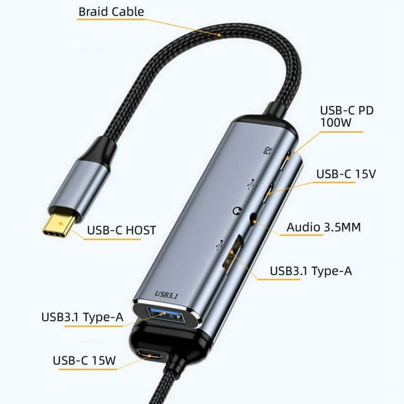 FVH USB-C Type-C to Audio 3.5MM Dual USB 3.0 HUB Converter Multiport Adapter with Female 100W PD Power Port
