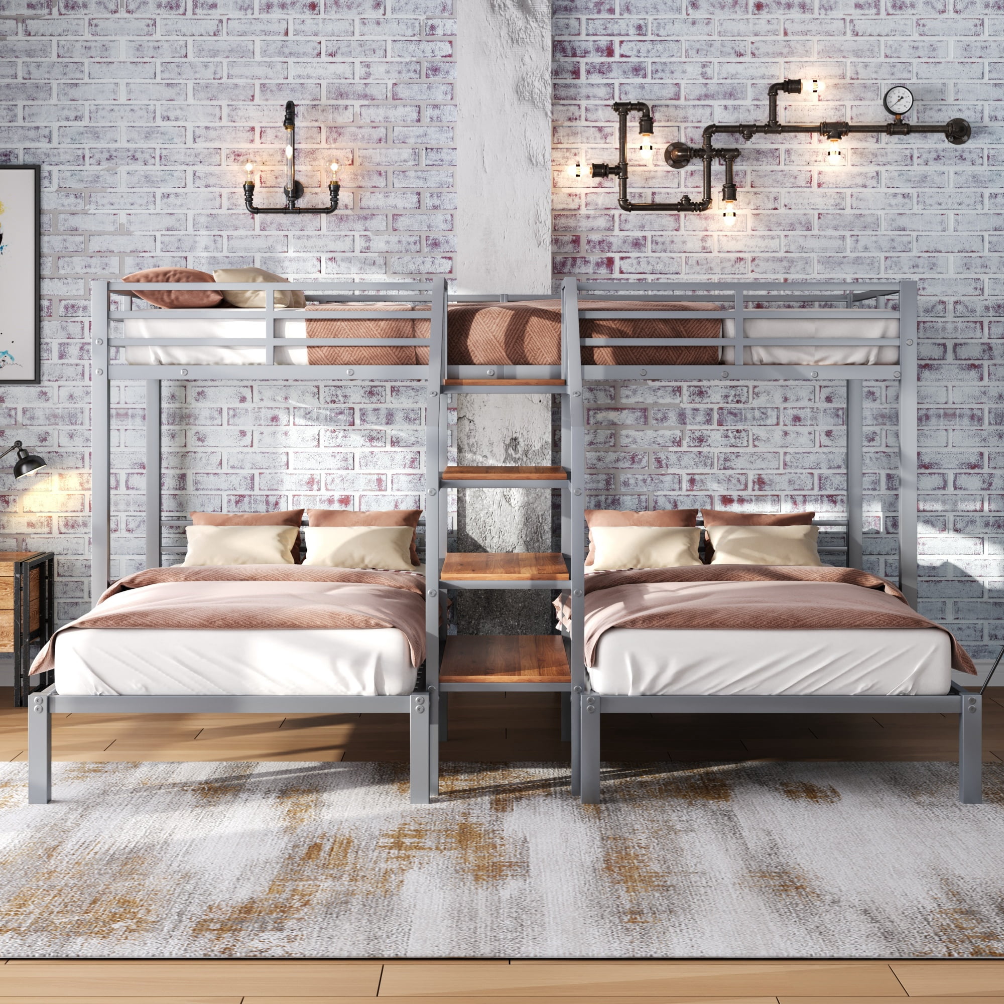 Euroco Metal Twin over Twin & Twin Bunk Bed, 3-in-1 Triple Bunk Bed with Shelves for Kids Teens, Silver