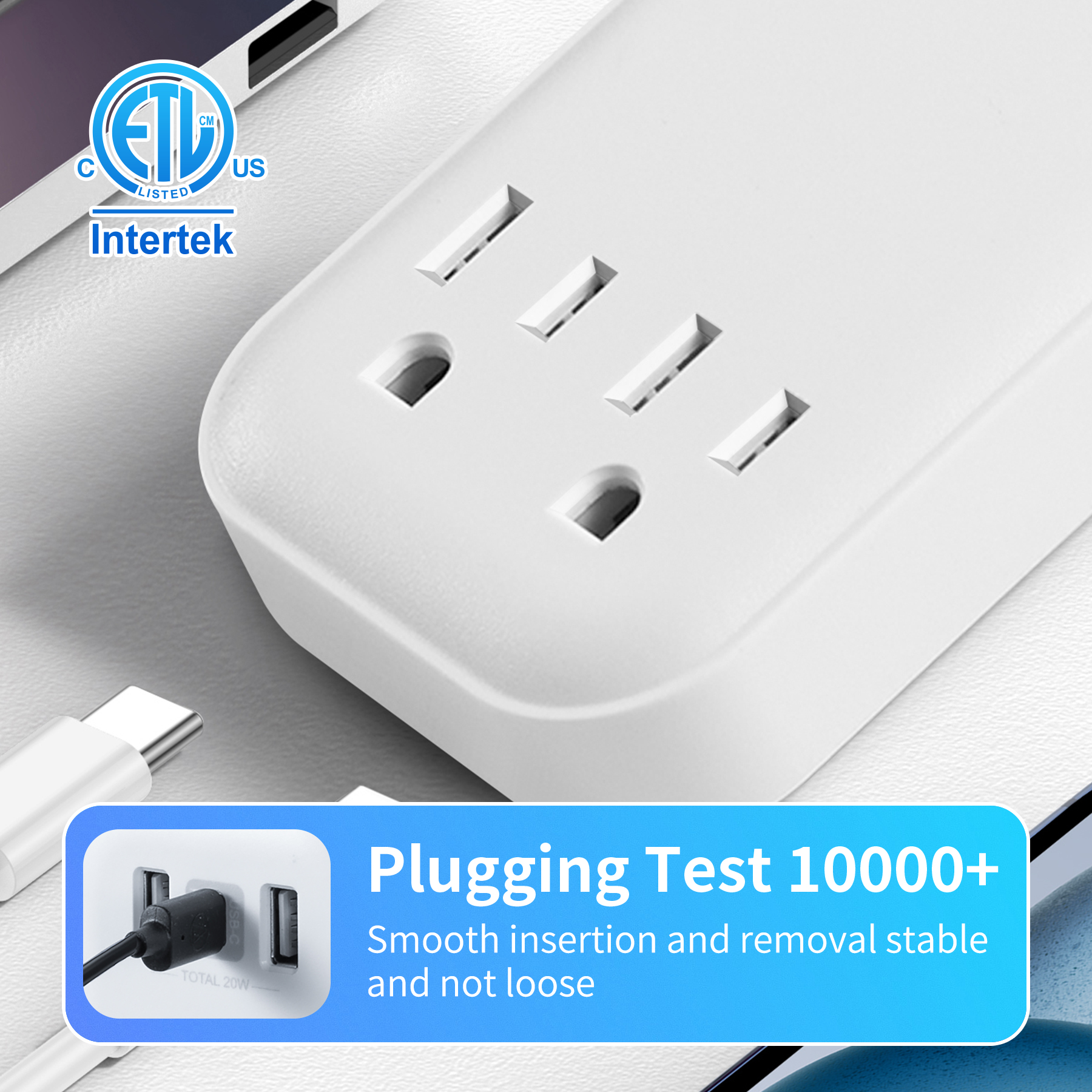 Hyper Tough USB Outlet Extender, 900J Surge Protector, 2 Outlet Splitter with USB-A & USB-C, White