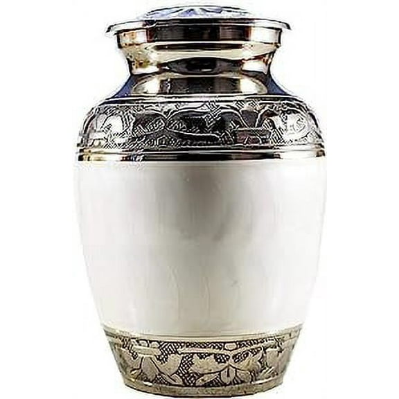 Silver Engraved Cremation Urn for Human Ashes Adult Funeral Urn Handcrafted - Large Burial Urn for Human Ashes - BAG INCLUDED (6.5" x 6.5" x 10.5", Pearl White)