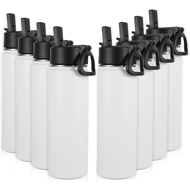 Volhoply - Botellas de agua aisladas con popote a granel, paquete de 8, no adecuadas para sublimación, botella deportiva de acero inoxidable de 22 onzas con tapa de asa, tazas de agua de viaje de