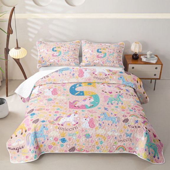 Castle Fairy Unicorn Letter S Twin Quilt Set,Kawaii Animal Twin Coverlet Set