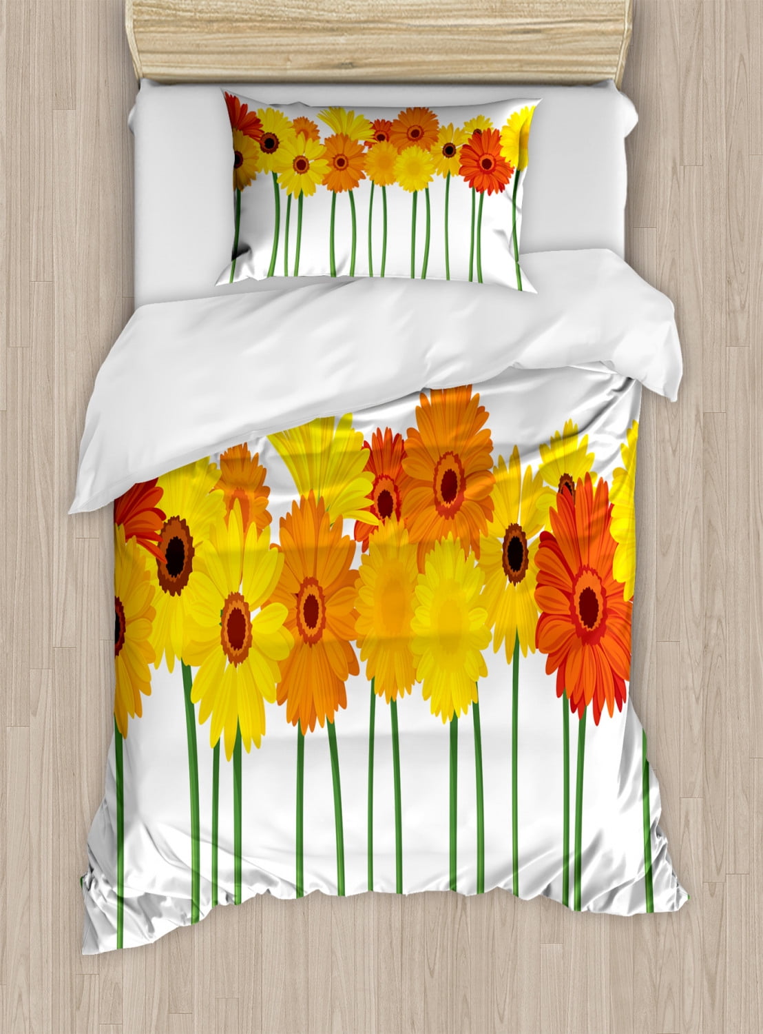 Gerber Daisy Duvet Cover Set, Orange and Yellow Color Flowers on Green