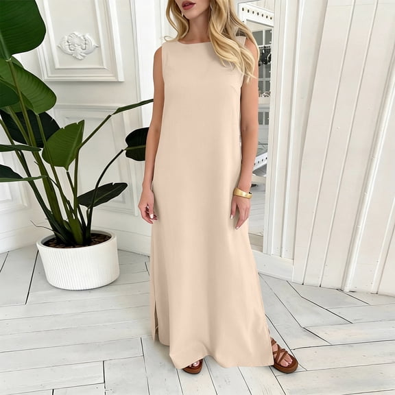 AUNVITO Women's Flax Tank Dress Round Neck Sleeveless Casual Summer Style