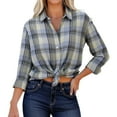 thumbnail image 3 of Womens Button Down Shirts Lightweight Plaid Long Sleeve Collared Jacket Tops Vintage Casual Business Loose Fit Blouses Sky Blue M, 3 of 9