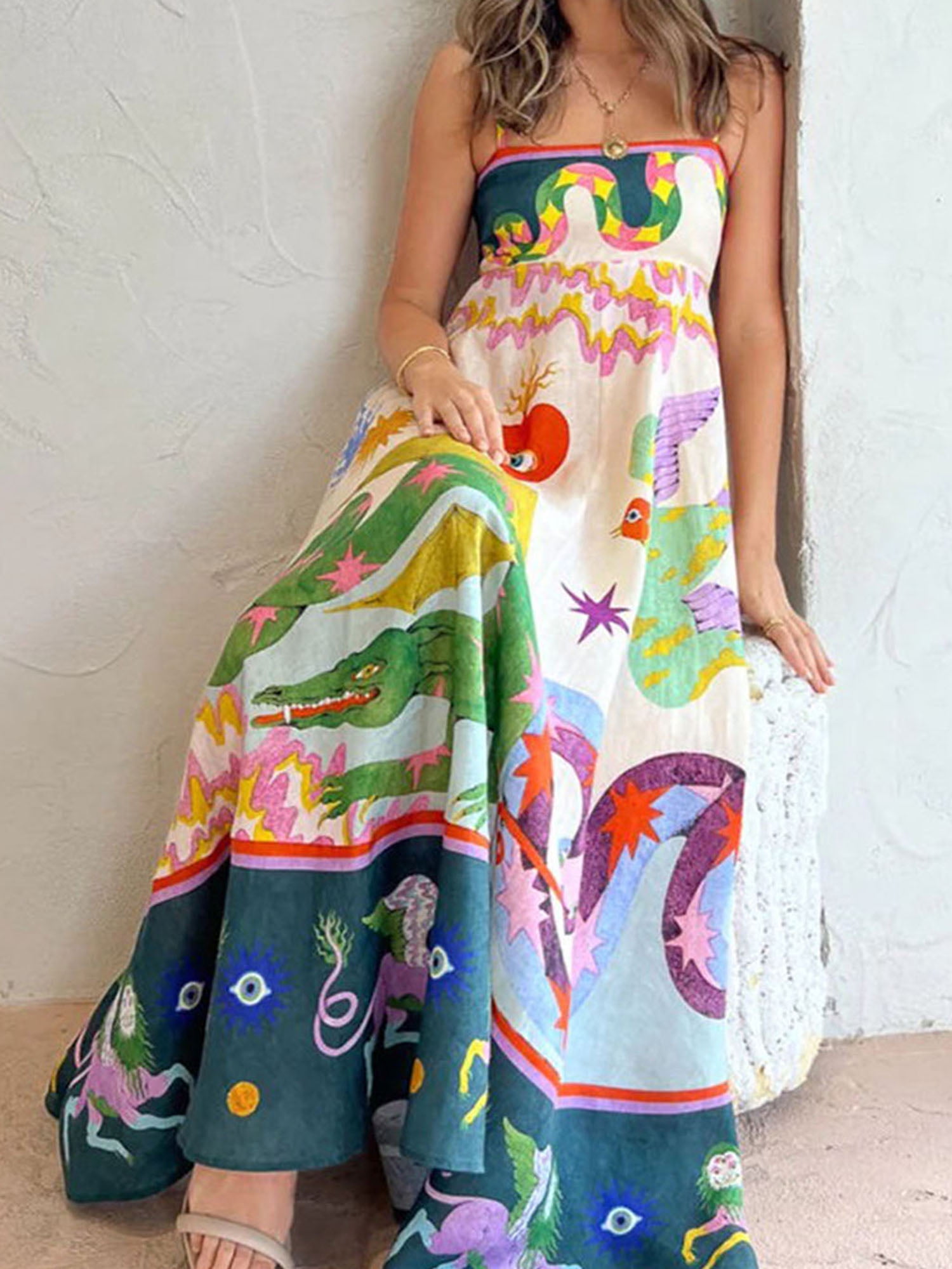 Hirigin Women Boho Graffiti Cami Dress, Spaghetti Strap Maxi