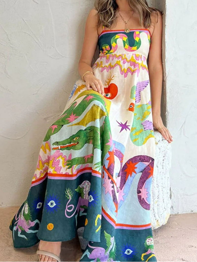 Hirigin Women Boho Graffiti Cami Long Dress Graphic
