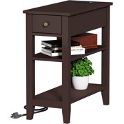 Narrow End Table with Charging Station, Side Table Living Room with USB Ports & Power Outlets and Hidden Drawer, 3-Tier Skinny Nightstand with 2 Open Storage Shelves For Small Place(Espresso)