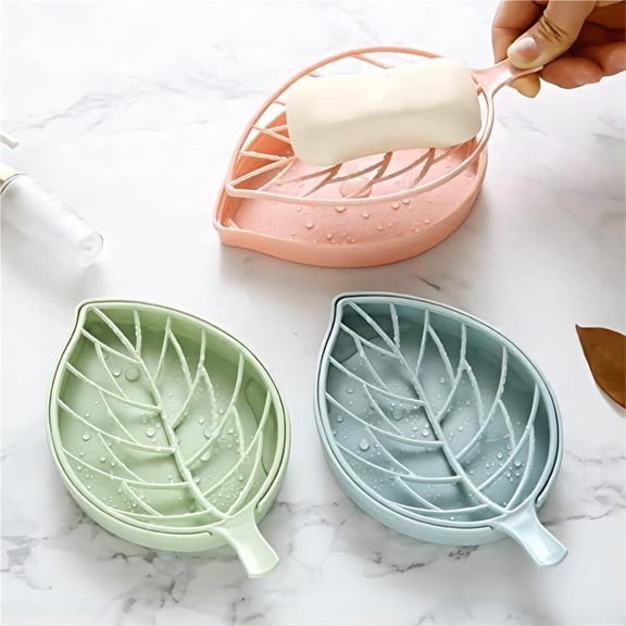 3 Color Soap Dish,Leaf-Shaped Shower Soap Holder with Draining Tray,3 Pack