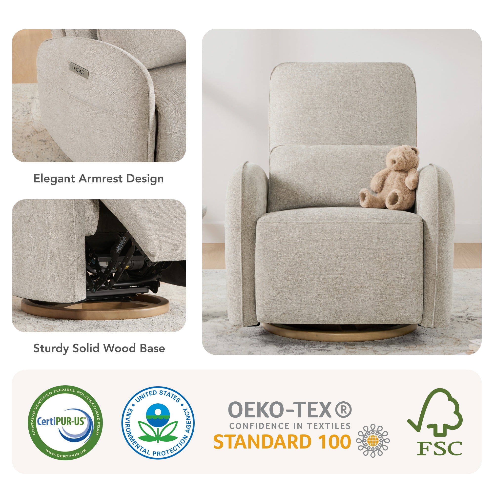 Spruce & Spring Power Swivel Nursery Glider Recliners with Lumbar Pillow and Charging Port, Khaki