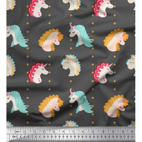 Soimoi Gray Velvet Fabric Dot & Unicorn Face Fabric Prints By Yard 58 Inch Wide