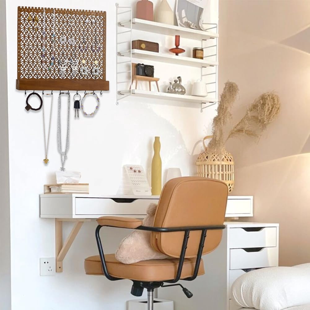 Wood Wall-Mounted Jewelry Hanging Racks Saddle Brown Jewelry Holder with Hanger Hooks Wooden Wall Hanging Organizer