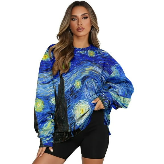Xoenoiee Starry Night Print Womens Oversized Sweatshirts Crew Neck Pullover Long Sleeve Tops with Pockets Split Fall Fashion Outfits 2025 Clothes, Size S